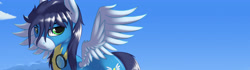 Size: 3840x1080 | Tagged: safe, artist:skipsy, edit, imported from derpibooru, soarin', pony, 32:9, bedroom eyes, clothes, goggles, looking at you, male, solo, uniform, wallpaper, wet mane, wonderbolts uniform