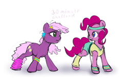 Size: 1771x1152 | Tagged: safe, artist:xbi, imported from derpibooru, cheerilee, pinkie pie, earth pony, pony, 30 minute art challenge, 80s, 80s cheerilee, clothes, female, leg warmers, mare, shorts