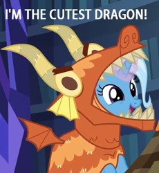 Size: 602x655 | Tagged: safe, edit, edited screencap, imported from derpibooru, screencap, trixie, pony, unicorn, uncommon bond, clothes, costume, cute, diatrixes, dragon costume, female, glowing horn, magic, mare, open mouth, smiling, solo, text