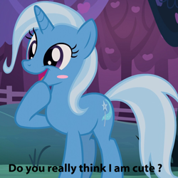 Size: 1004x1003 | Tagged: safe, edit, edited screencap, imported from derpibooru, screencap, trixie, pony, unicorn, uncommon bond, blush sticker, blushing, bronybait, cropped, cute, diatrixes, female, mare, open mouth, raised hoof, solo, text