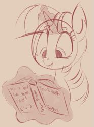 Size: 437x589 | Tagged: safe, artist:miisua, imported from derpibooru, twilight sparkle, book, female, magic, monochrome, smiling, solo, telekinesis, that pony sure does love books