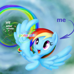 Size: 900x900 | Tagged: safe, artist:stratodraw, edit, imported from derpibooru, rainbow dash, pegasus, pony, female, flying, mare, ponyville, smiling, solo