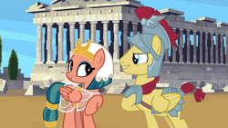 Size: 1920x1080 | Tagged: artist needed, safe, artist:mrerzebra92, imported from derpibooru, flash magnus, somnambula, pegasus, pony, ancient egypt, ancient rome, armor, cleopatra, clothes, column, day, duo, female, helmet, history, hoof on chest, magnambula, male, mare, mark antony, parthenon, raised hoof, shipping, stallion, straight, temple