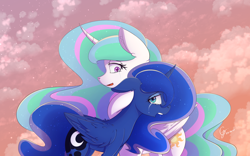 Size: 1920x1200 | Tagged: safe, artist:laptop-pone, imported from derpibooru, princess celestia, princess luna, alicorn, pony, alicorns only, cloud, cloudy, crying, duo, duo female, ear fluff, female, floppy ears, looking at you, mare, missing accessory, open mouth, reunited, royal sisters, sisters