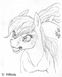 Size: 781x973 | Tagged: safe, artist:gor1ck, imported from derpibooru, applejack, horse, flared nostrils, furious, hoers, horses doing horse things, monochrome, pencil drawing, traditional art