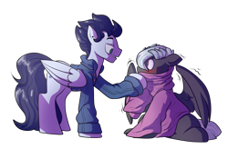 Size: 2698x1766 | Tagged: safe, artist:heyerika, idw, imported from derpibooru, soarin', thunderlane, pegasus, pony, neigh anything, clothes, gay, looking at each other, male, shipping, simple background, soarilane, stallion, teenager, transparent background, younger