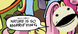 Size: 1495x650 | Tagged: safe, artist:andypriceart, artist:kc green, edit, idw, imported from derpibooru, fluttershy, crossing the memes, exploitable meme, horribleville, jesus christ how horrifying, meme, nature is so fascinating, reaction image