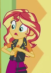 Size: 476x676 | Tagged: safe, imported from derpibooru, screencap, sunset shimmer, a fine line, equestria girls, equestria girls series, clothes, cropped, female, geode of empathy, jacket, leather jacket, magical geodes, skirt, solo