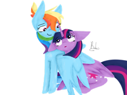 Size: 1024x768 | Tagged: safe, artist:tulleruby, imported from derpibooru, rainbow dash, twilight sparkle, alicorn, pegasus, pony, female, lesbian, looking at each other, mare, shipping, simple background, snuggling, transparent background, twidash, twilight sparkle (alicorn)