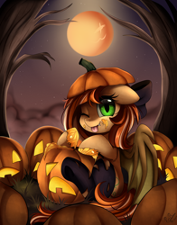 Size: 2152x2747 | Tagged: safe, artist:pridark, imported from derpibooru, part of a set, oc, oc only, oc:pumpkin patch, bat pony, bat pony oc, commission, cute, fangs, full moon, halloween, holiday, jack-o-lantern, moon, night, ocbetes, pumpkin, smiling, solo, stars, tongue out, tree, wings