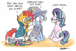 Size: 2305x1559 | Tagged: safe, artist:bobthedalek, imported from derpibooru, starlight glimmer, sunburst, trixie, twilight sparkle, pony, unicorn, uncommon bond, :p, body pillow, brush, cape, clothes, comb, cricket ball, dialogue, featured image, female, frown, glare, glasses, hammerspace hair, hat, looking at each other, magic, male, mare, open mouth, pillow, rubik's cube, shrunken pupils, simple background, sitting, stallion, tongue out, traditional art, trixie's cape, trixie's hat, unamused, watching, white background, wide eyes