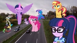 Size: 720x404 | Tagged: safe, artist:artofmagicpoland, artist:limedazzle, imported from derpibooru, discord, pinkie pie, sci-twi, starlight glimmer, sunset shimmer, trixie, twilight sparkle, alicorn, equestria girls, my little pony: the movie, draconequus in real life, irl, photo, ponies in real life, twilight sparkle (alicorn), vector