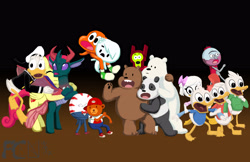 Size: 5100x3300 | Tagged: safe, artist:kelseyleah, imported from derpibooru, pharynx, strawberry sunrise, changedling, changeling, panda, pony, absurd resolution, adventure time, benson, carrie, carrie krueger, crossover, darwin watterson, dewey, dewey duck, donald duck, duck tales, ducktales, ducktales 2017, grizz, helper bot, huey, huey dewey and louie, huey duck, ice bear, louie, louie duck, panda (we bare bears), peppermint butler, prince pharynx, regular show, scared, son of rap bear, the amazing world of gumball, we bare bears, webby vanderquack
