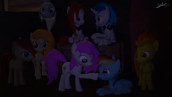 Size: 1920x1080 | Tagged: safe, artist:jujuwilly, derpibooru exclusive, imported from derpibooru, derpy hooves, dj pon-3, pear butter, rainbow dash, roseluck, spitfire, vinyl scratch, oc, oc only, oc:mystery hyperpurple, oc:seraphine night, earth pony, pegasus, pony, 3d, boop, group, mysterhine, night, tongue out