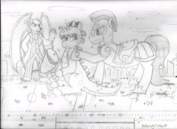 Size: 3507x2550 | Tagged: safe, artist:blazingcobalt, imported from derpibooru, oc, oc only, oc:blazing cobalt, oc:draus, oc:silvermane, kaiju, wolf, city, clothes, costume, guard, halloween, holiday, macro, monochrome, non-mlp oc, traditional art