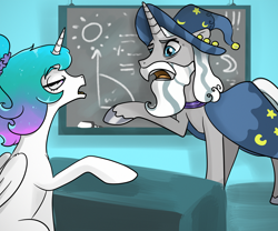 Size: 3000x2500 | Tagged: safe, artist:mylittlegodzilla, imported from derpibooru, princess celestia, star swirl the bearded, alicorn, unicorn, chalkboard, female, male, mare, stallion, teaching