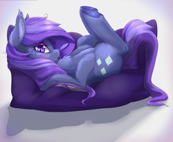 Size: 1024x842 | Tagged: safe, artist:csox, imported from derpibooru, oc, oc only, bat pony, pony, bat pony oc, blush sticker, blushing, chest fluff, commission, female, gradient background, looking at you, mare, pillow, solo, underhoof, ych result