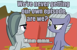 Size: 665x434 | Tagged: safe, edit, edited screencap, imported from derpibooru, screencap, limestone pie, marble pie, earth pony, pony, rock solid friendship, colored text, duo, image macro, looking at each other, meme, meta, nope, sitting, unamused