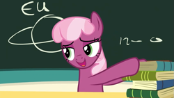 Size: 823x464 | Tagged: safe, imported from derpibooru, screencap, cheerilee, secrets and pies, bedroom eyes, book, chalkboard