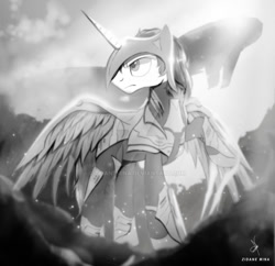 Size: 1024x992 | Tagged: safe, artist:zidanemina, imported from derpibooru, oc, oc only, oc:rainbow shield, alicorn, pony, alicorn oc, armor, gift art, helmet, monochrome, solo, watermark