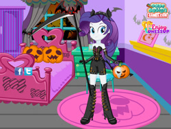 Size: 800x600 | Tagged: safe, artist:user15432, imported from derpibooru, rarity, human, unicorn, equestria girls, axe, clothes, color design, costume, devil horns, devil rarity, dress up, dressup, enjoy dressup, flash game, halloween, halloween costume, hasbro, hasbro studios, holiday, jack-o-lantern, pumpkin, solo, weapon