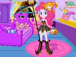 Size: 800x600 | Tagged: safe, artist:user15432, imported from derpibooru, pinkie pie, human, equestria girls, axe, clothes, color design, costume, dress up, dressup, dressup game, enjoy dressup, flash game, halloween, halloween costume, hasbro, hasbro studios, hat, holiday, jack-o-lantern, pumpkin, solo, weapon, witch hat