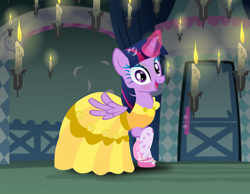 Size: 1020x793 | Tagged: safe, artist:user15432, imported from derpibooru, twilight sparkle, alicorn, pony, beauty and the beast, belle, candle, candlelight, candlestick, clothes, costume, crossover, disney, disney princess, dress, dress up, dress up game, dressup, female, glowing horn, halloween, halloween costume, holiday, magic, mare, my little pony, princess belle, shoes, socks, solo, stockings, thigh highs, twilight sparkle (alicorn)