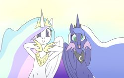 Size: 1280x802 | Tagged: safe, artist:hecc95, imported from derpibooru, princess celestia, princess luna, alicorn, pony, belly, belly button, celestia is amused, crown, cute, cutelestia, female, jewelry, lunabetes, majestic as fuck, mare, princess luna is amused, regalia, royal sisters, sillestia, silluna, silly, silly pony, smiling, tongue out