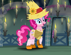 Size: 1020x793 | Tagged: safe, artist:user15432, imported from derpibooru, pinkie pie, earth pony, pony, clothes, costume, dress up, dress up game, dressup, female, halloween, halloween costume, hasbro, hasbro studios, hat, holiday, mare, my little pony, scarecrow, scarecrow pony, shoes, solo, stockings, thigh highs