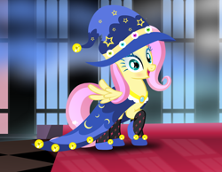 Size: 1020x793 | Tagged: safe, artist:user15432, imported from derpibooru, fluttershy, pegasus, pony, clothes, costume, dress up, dress up game, dressup, female, halloween, halloween costume, hasbro, hasbro studios, hat, holiday, mare, my little pony, shoes, solo, stockings, thigh highs, witch, witch hat, wizard, wizard hat