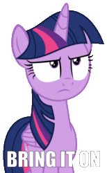 Size: 630x1024 | Tagged: safe, edit, edited screencap, imported from derpibooru, screencap, twilight sparkle, alicorn, bring it on, female, gif, image macro, meme, non-animated gif, reaction image, solo, twilight sparkle (alicorn)