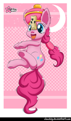 Size: 586x1000 | Tagged: safe, artist:clouddg, imported from derpibooru, pinkie pie, earth pony, pony, cute, diapinkes, female, hat, hopping, jiangshi, mare, ofuda, open mouth, paper, paper talisman, solo, underhoof