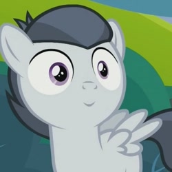 Size: 477x477 | Tagged: safe, edit, edited screencap, imported from derpibooru, screencap, rumble, pegasus, pony, marks and recreation, colt, inverted mouth, male, reaction image, smiling, solo