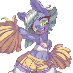Size: 620x620 | Tagged: safe, artist:kaikoinu, imported from derpibooru, limestone pie, earth pony, pony, armpits, belly button, cheerleader, clothes, female, looking at you, mare, midriff, open mouth, pom pom, simple background, skirt, sleeveless, socks, solo, sports bra, thigh highs, white background
