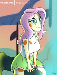 Size: 750x1000 | Tagged: safe, artist:thealjavis, imported from derpibooru, fluttershy, human, a health of information, equestria girls, clothes, equestria girls interpretation, female, miniskirt, scene interpretation, skirt, solo, swamp fever, tanktop, tree, tree branch