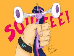 Size: 1400x1050 | Tagged: safe, artist:irzamoongrace, imported from derpibooru, twilight sparkle, pony, digital, eye bulging, eye pop, female, floppy ears, hand, mare, movie, orange background, simple background, smiling, squee, squeezing, wat, wristband