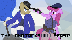 Size: 2870x1614 | Tagged: safe, artist:aaronmk, imported from derpibooru, berry punch, berryshine, filthy rich, anthro, breasts, clothes, crossover, drunk, gun, tooth and tail, vector, weapon