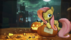 Size: 3840x2160 | Tagged: safe, artist:funsketch, imported from derpibooru, fluttershy, 3d, female, halloween, holiday, jack-o-lantern, one eye closed, pumpkin, solo, source filmmaker, tongue out, wink