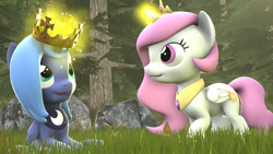 Size: 1920x1080 | Tagged: safe, artist:loveslove, imported from derpibooru, princess celestia, princess luna, 3d, cewestia, crown, female, filly, filly celestia, filly luna, grass, jewelry, magic, pink-mane celestia, poster, regalia, rock, source filmmaker, tree, woona, younger