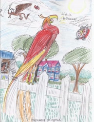 Size: 2550x3300 | Tagged: safe, artist:horsesplease, imported from derpibooru, gilda, philomena, trouble shoes, griffon, phoenix, aircraft, alarm clock, background gilda, behaving like a rooster, biplane, clock, crowing, cyrillic, farm, fence, flying, graffiti, grass, hill, house, implied sunset shimmer, khopesh, plane, russian, stable, sun, sword, traditional art, tree, weapon