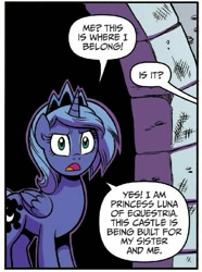 Size: 495x667 | Tagged: safe, idw, imported from derpibooru, princess luna, pony, spoiler:comiclom3, cutie mark, dialogue, female, jewelry, looking at you, mare, regalia, solo