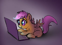 Size: 1323x953 | Tagged: safe, artist:xbi, imported from derpibooru, scootaloo, pegasus, pony, computer, female, filly, foal, laptop computer, notebook, sitting, sketch, solo, spread wings, wings