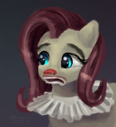 Size: 1422x1550 | Tagged: safe, artist:xbi, imported from derpibooru, fluttershy, pegasus, pony, 30 minute art challenge, clothes, clown, costume, female, flutterclown, mare, ruff (clothing), sad clown, solo