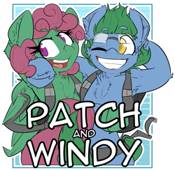 Size: 1759x1720 | Tagged: safe, artist:bbsartboutique, imported from derpibooru, oc, oc only, oc:software patch, oc:windcatcher, armpits, badge, biologically justified underarm fluff, con badge