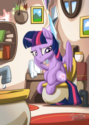 Size: 955x1351 | Tagged: safe, artist:mysticalpha, imported from derpibooru, twilight sparkle, alicorn, pony, bathroom, book, bookshelf, but why, faucet, female, implied pooping, inconvenient, mare, potty time, sitting on toilet, solo, toilet, twilight sparkle (alicorn)