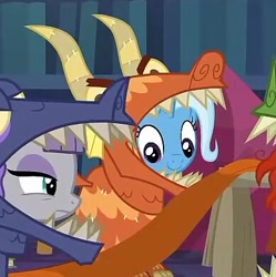 Size: 388x389 | Tagged: safe, imported from derpibooru, screencap, maud pie, sunburst, trixie, earth pony, pony, unicorn, uncommon bond, clothes, costume, dragon costume, duo focus, female, mare, smiling