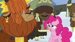 Size: 1280x720 | Tagged: safe, imported from derpibooru, screencap, pinkie pie, prince rutherford, pony, yak, not asking for trouble, snow, unnamed character, unnamed yak