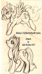 Size: 683x1186 | Tagged: safe, artist:blackfrost, imported from derpibooru, melody, skyflier, pegasus, pony, unicorn, g1, sketch, traditional art