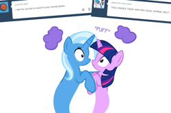Size: 1048x691 | Tagged: safe, artist:navitaserussirus, imported from derpibooru, trixie, twilight sparkle, genie, pony, asktwixiegenies, ask, cropped, female, lesbian, shipping, simple background, tumblr, twixie, white background