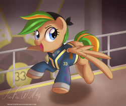 Size: 1600x1354 | Tagged: safe, artist:musicfirewind, artist:wavecipher, imported from derpibooru, oc, oc only, oc:spring dawn, pony, fallout equestria, clothes, female, jumpsuit, mare, smiling, solo, vault suit